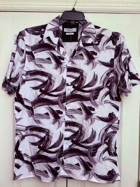 Super Stretch Men's Black & White Brushstroke Short-Sleeve Button-Down Shirt